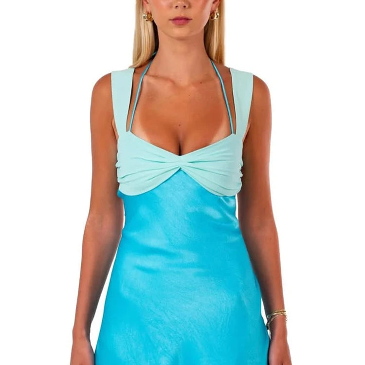 Patchwork Sleeveless Sexy Mini Dress For Women Robe Satin Strapless Backless Lace-up High Waist A-line Club Dress