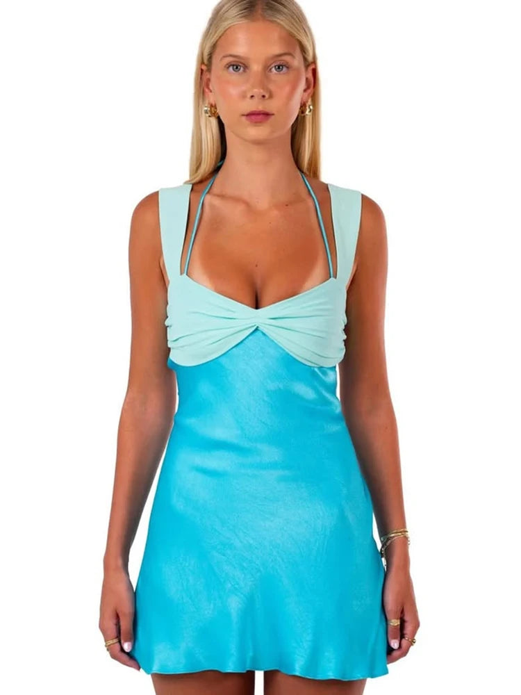 Patchwork Sleeveless Sexy Mini Dress For Women Robe Satin Strapless Backless Lace-up High Waist A-line Club Dress