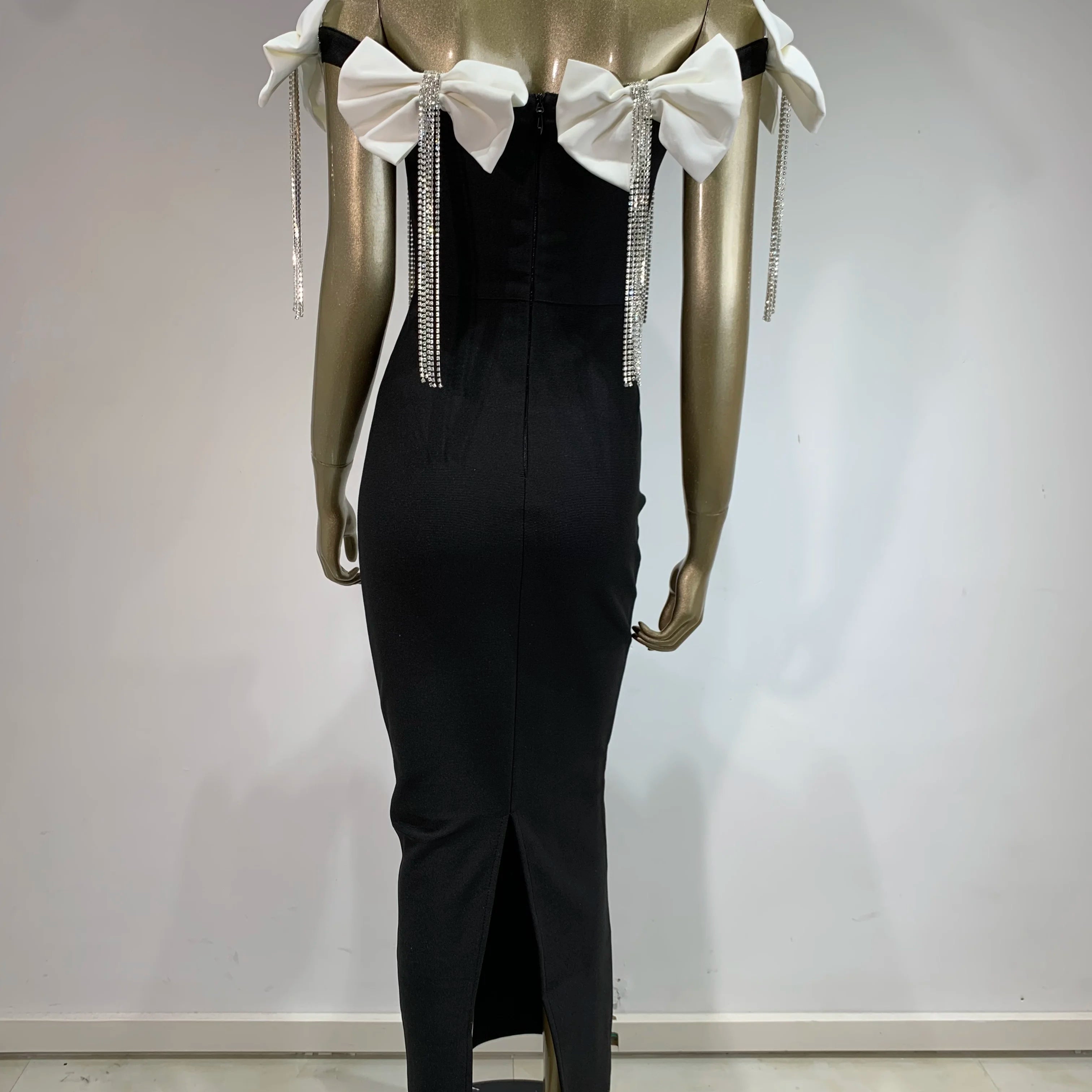 2024 New Women Sexy Off the Shoulder Bodycon Bandage Long Dress Bow Chain Elegant Evening Party Celebrate Birthday Dress