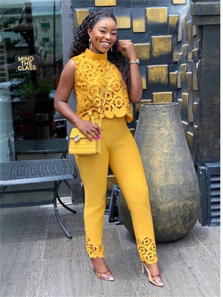 Wmstar Women Two Piece Set Plus Size Summer Fashion Sleeveless Casual Outfits Solid Color Holiday Long Pants Office Streetwear