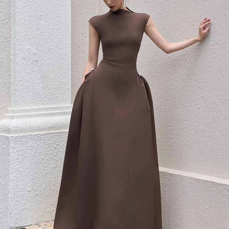 Casual Dress For Women Asymmetrical Collar Sleeveless High Waist Metal Button Pin Embellished Elegant Cocktail Party Wear