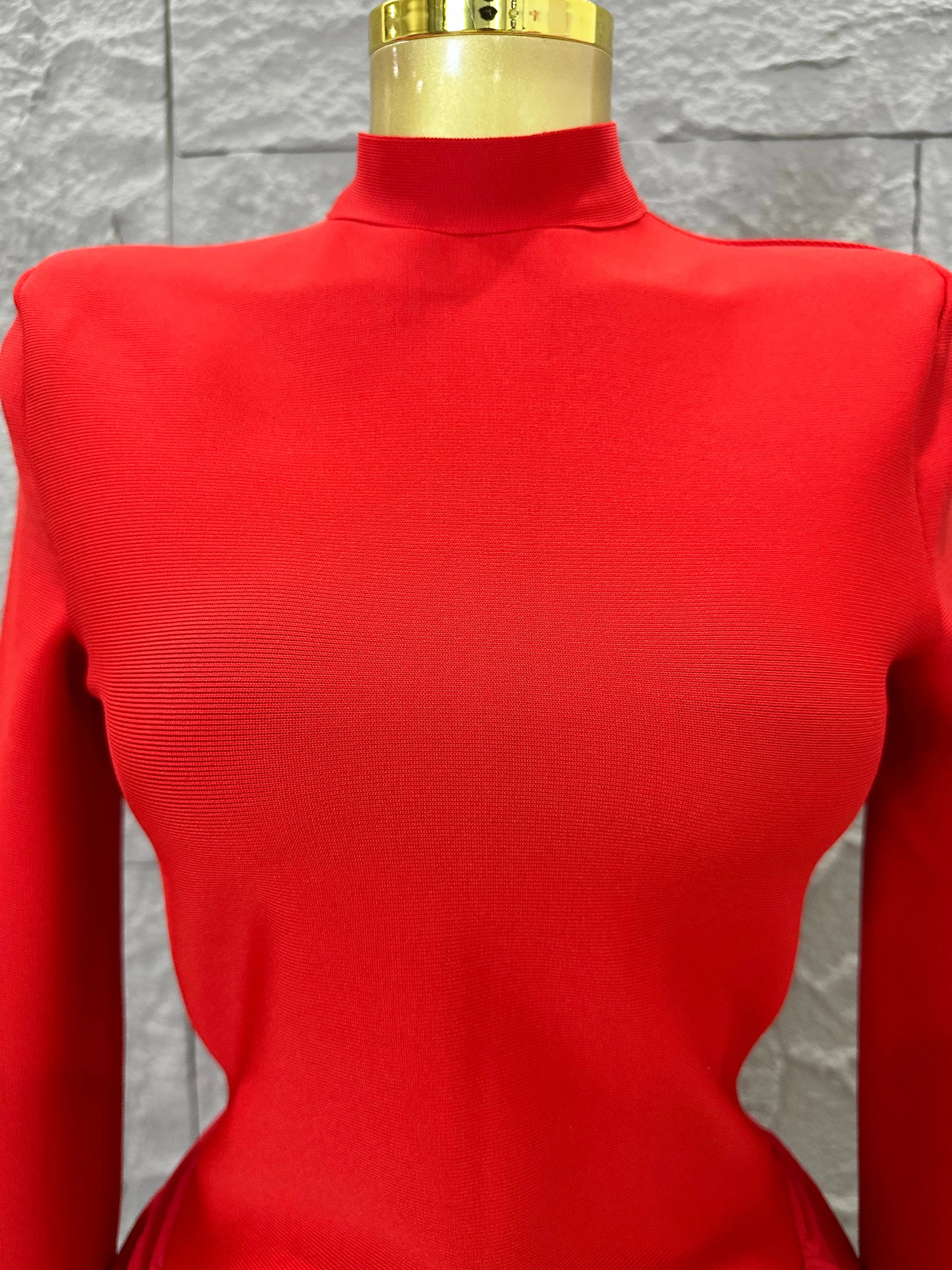 Glamorous Red Long Sleeve Maxi Dress Women High Neck Ruched Draped Bodycon Nightclub Outfit Cocktail Party Costume