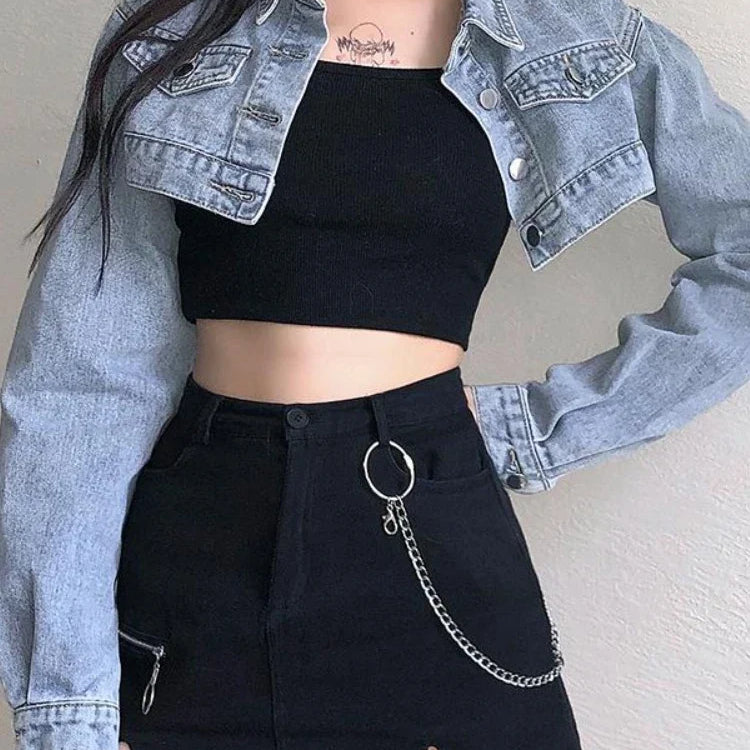 Deeptown Vintage Long Sleeve Crop Denim Jacket Women Fashion Jeans Bomber Jackets Cardigan Coat Spring Casual Coats Clothes