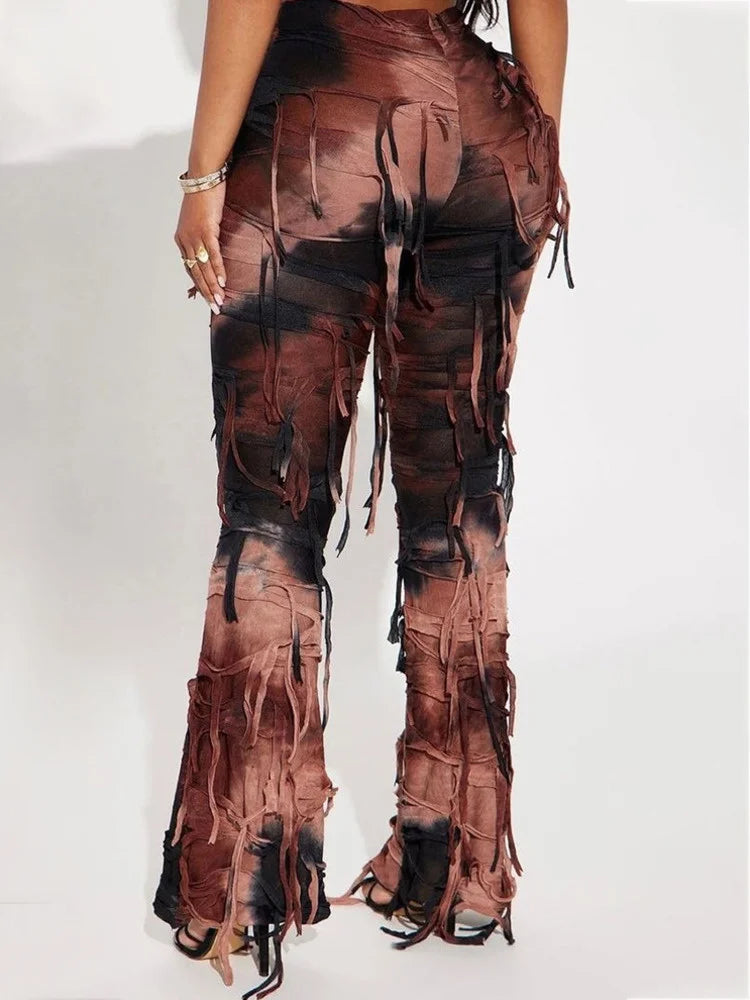 DEAT Fashion Women Casual Pant Fringe Lace-up Contract Color Slim Designer Floor-length Boot Cut Female Summer New 17A9439
