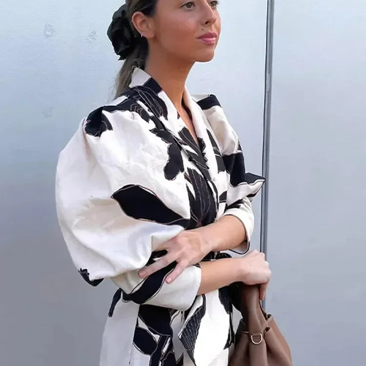 Fashion Flower Print Belt Women Shirts Spring Summer Elegant Slim Lapel Puff Sleeve Blouses Vintage Lady Office Streetwear