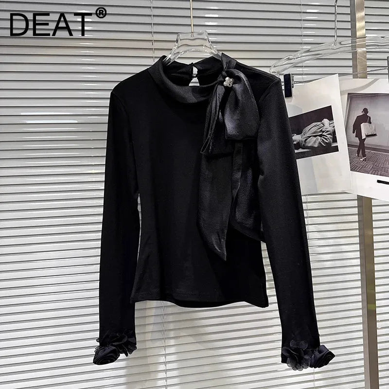 Winter New Elegant Temperament Rhinestone Buckle Bow Tie Long Sleeve T-Shirt For Women Solid Color Tops 11A07897