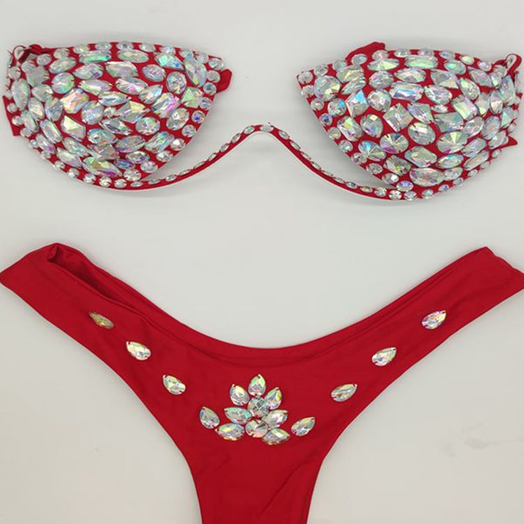 Women's Swimwear Bikini Swimsuit 2024 For Women Summer Beach Shiny Crystal Padded Push Up Bikinis Thong Bathing Sets Outfits Red