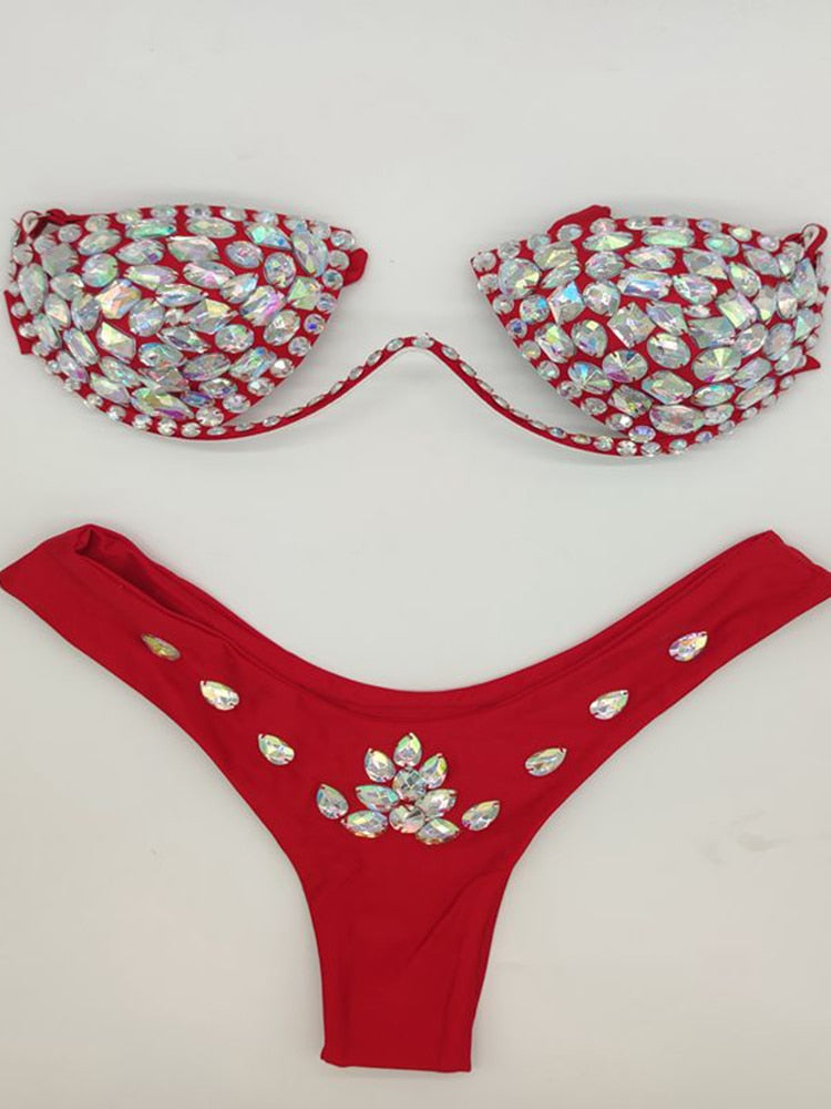 Women's Swimwear Bikini Swimsuit 2024 For Women Summer Beach Shiny Crystal Padded Push Up Bikinis Thong Bathing Sets Outfits Red
