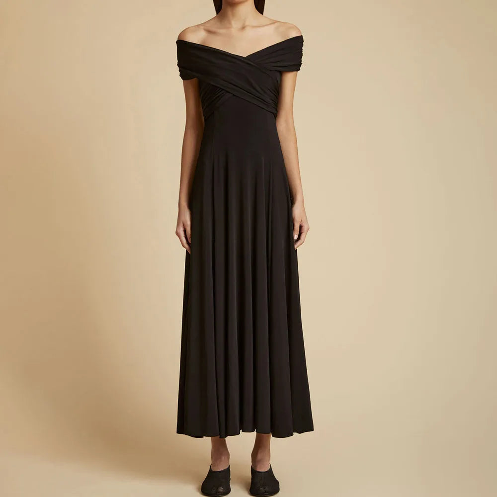 Solid Minimalist A Line Dresses For Women Slash Neck High Waist Patchwork Folds Slimming Dress Female Fashion New BLACK