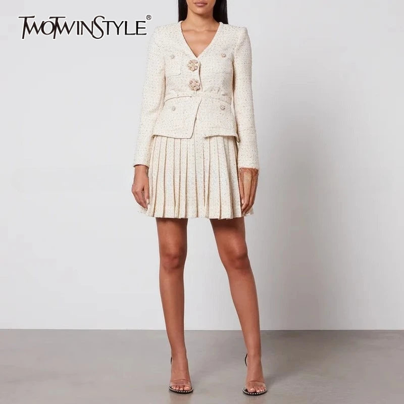 Solid Slimming Two Piece Sets for Women V Neck Long Sleeevs Spliced Button Top High Waist Pleated Skirts Set Female