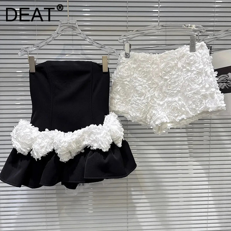 Winter New Sweet Fashion Ruched Floral Fishbone Strapless Dress With Solid Color Shorts Set For Women 11A07946