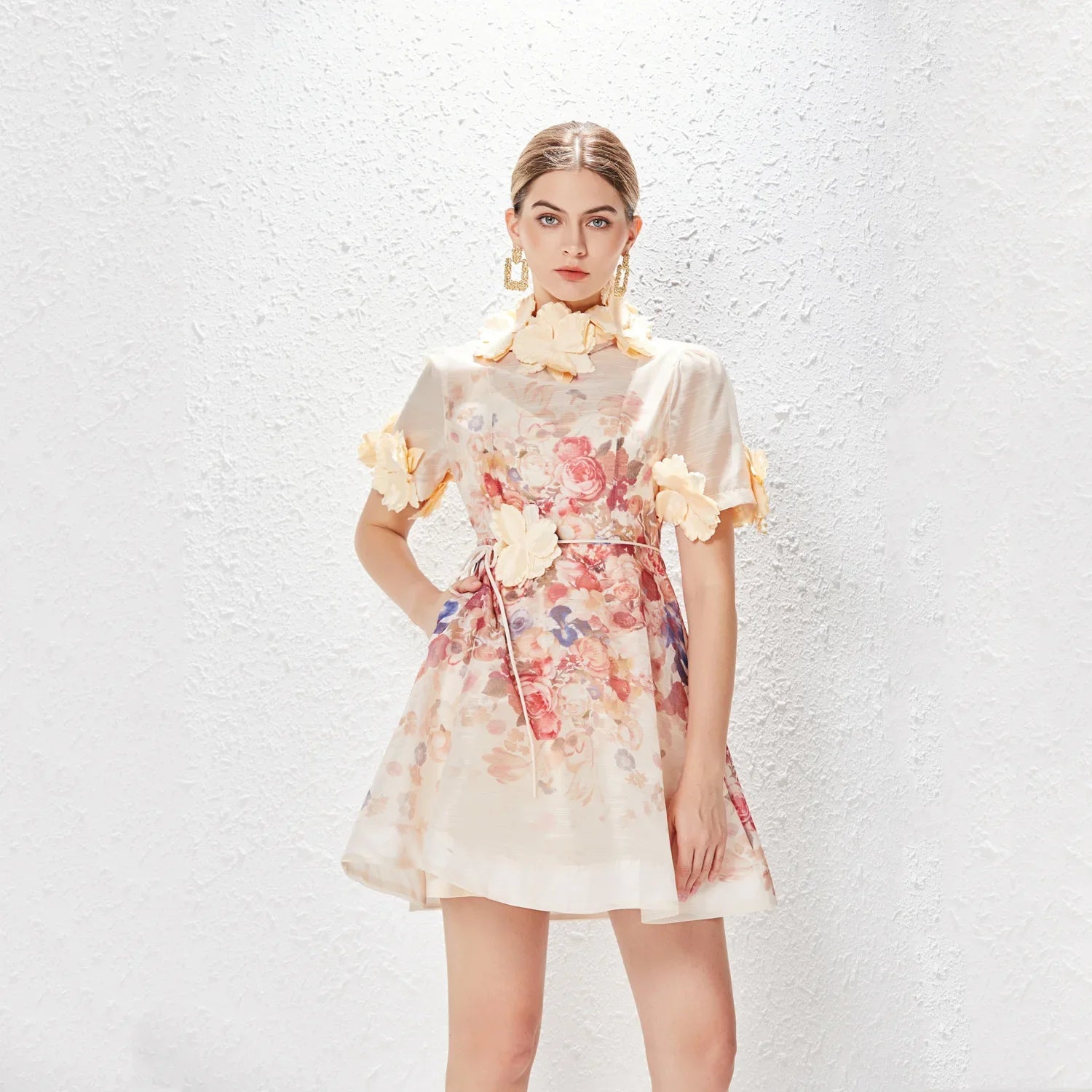 NEW Women Floral Mini Dress Spring Summer Printed Standing Collar Short Sleeve Vestido Ladies Holiday Party Vintage Dresses