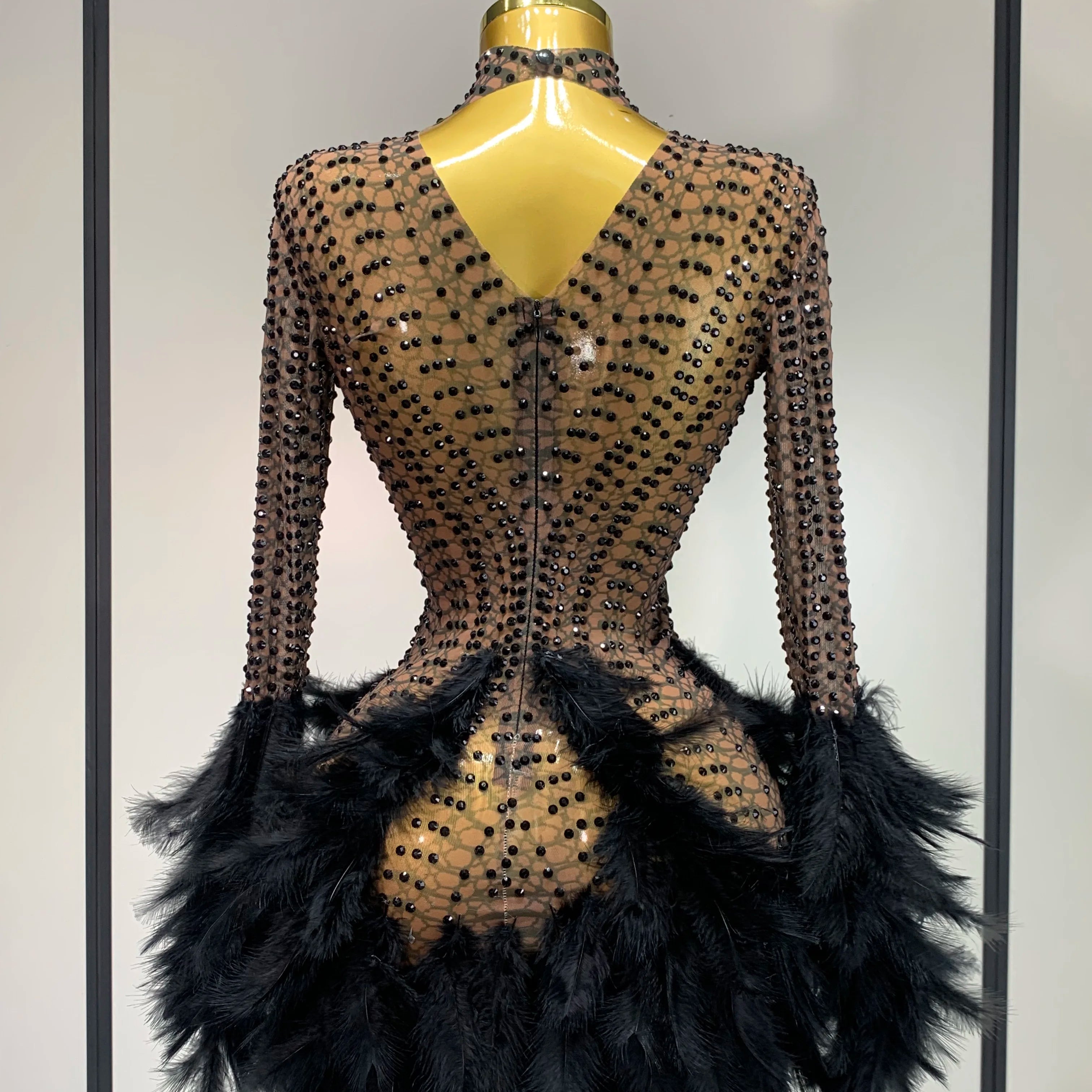 Women Luxury Birthday Dress Rhinestones Mesh Feathers Bodycon Mini Celebrity Evening Club Party Dress Nightclub Stage Outfit