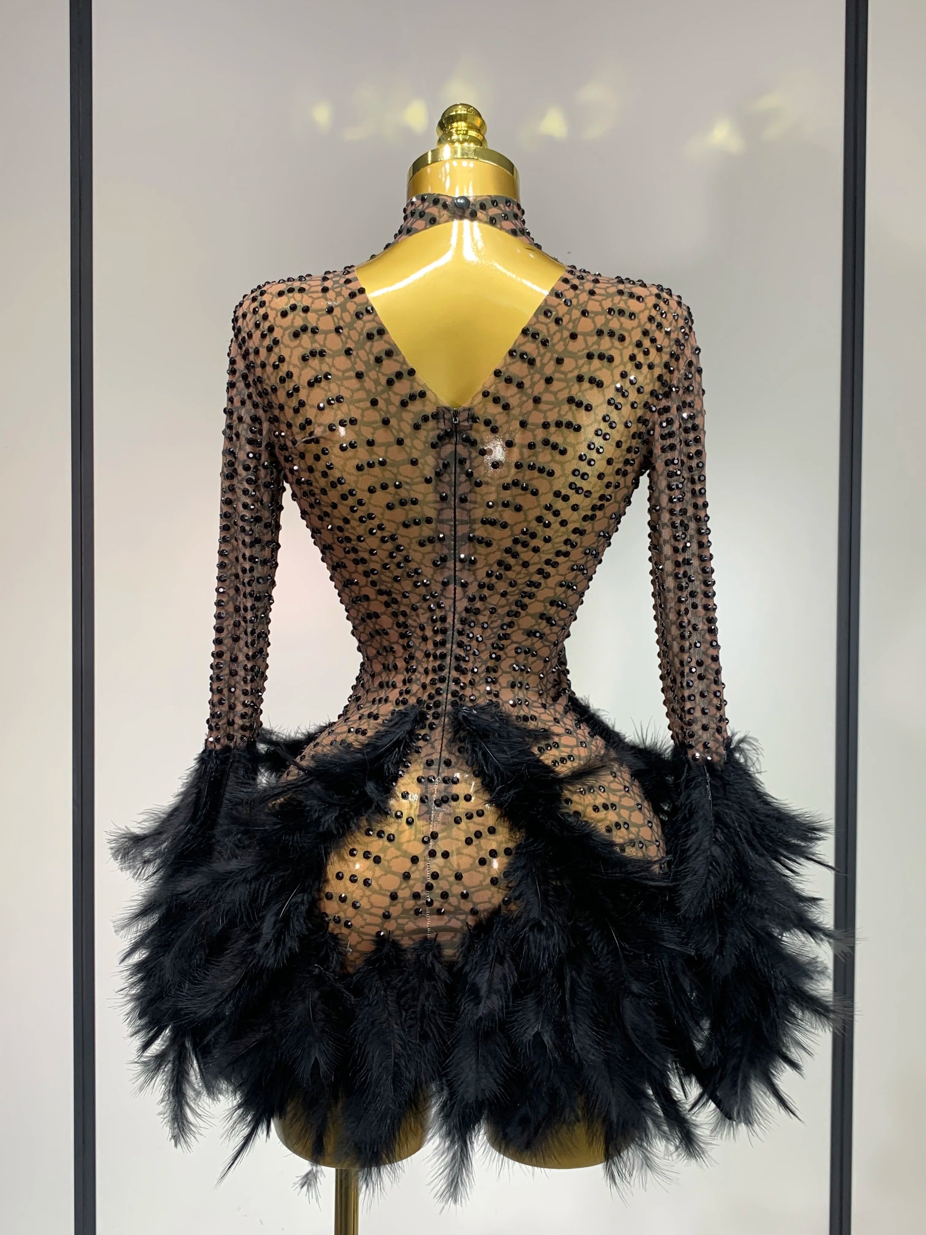 Women Luxury Birthday Dress Rhinestones Mesh Feathers Bodycon Mini Celebrity Evening Club Party Dress Nightclub Stage Outfit