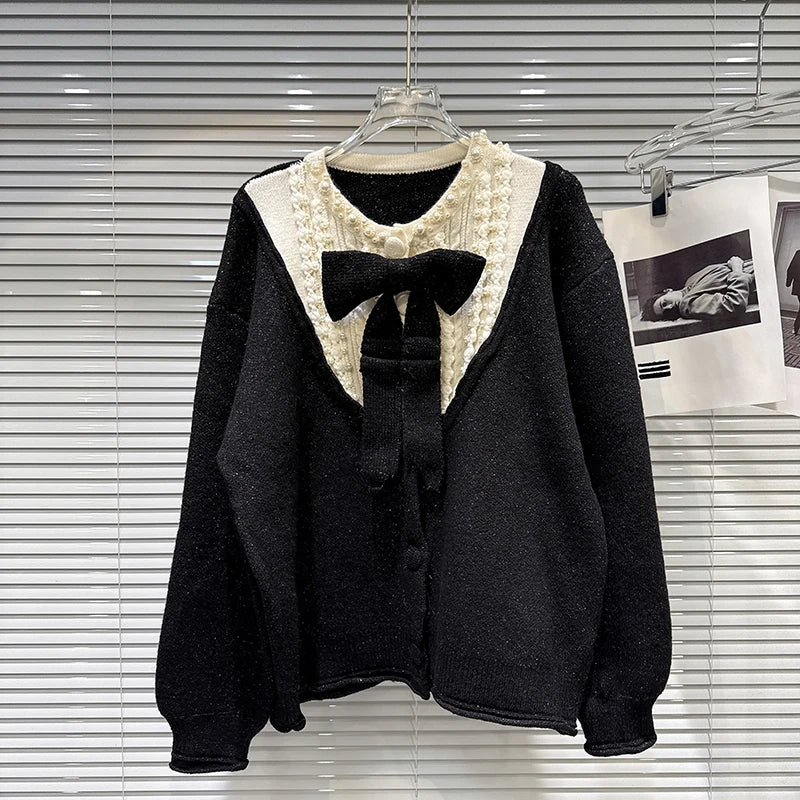 Winter New Fashion Bow Pin Contrast Color Loose Knitted Sweater For Women Single-breasted Cardigan Female 11A07833 Black One Size