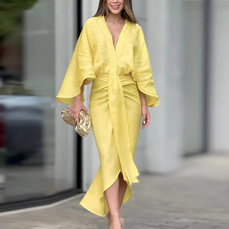 Women Chic Solid Long Flare Sleeves Pleated Midi Dress Casual Loose V-neck Irregular Hem Vestidos Spring Lady Elegant Robes Yellow