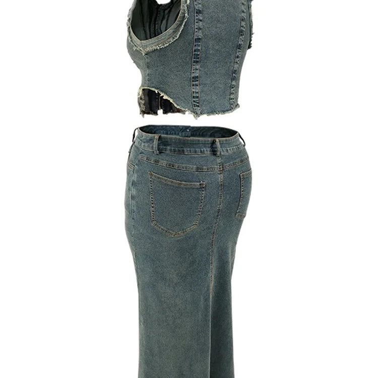 Wmstar Women Plus Size Denim Skirts Sets Two Piece Set Casual Summer Turn-down Collar Crop Tops Streetwear Matching Suits 2024