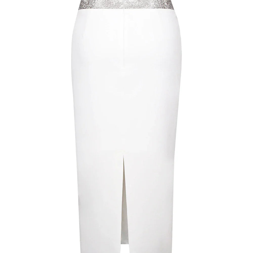 Women Crystal Diamonds White Black Bodycon Midi Bandage Skirt Designer High Waist Party Club Pencil Skirt 77cm