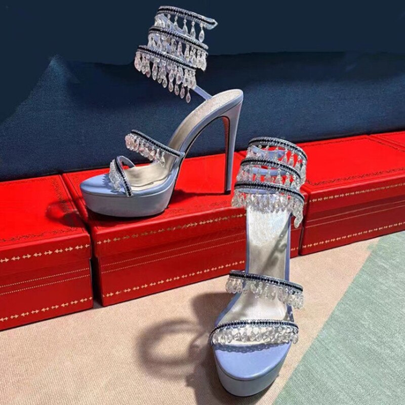 Summer New Round Toe Thick Sole Sandals with Snake Twisted Beaded Water Diamond Thin Heel High Heel Sandals for Women