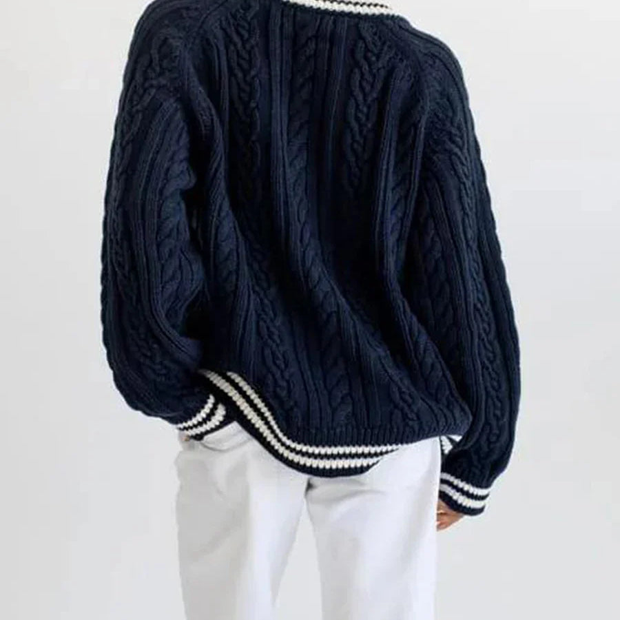 Women Cable Knitted Contrast Trim V Neck Sweaters Y2k Vintage Long Sleeve Pullover Striped Loose Preppy Jumper Top Streetwear