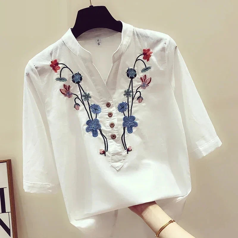 Loose Cotton Blouses for Women, White Tops and Blouses, Elegant Embroidery V-Neck Shirts, New Summer Clothes, 3140 50