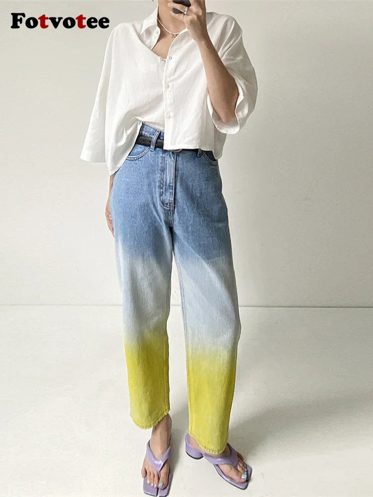 Fotvotee Jeans for Women Casual Gradient Denim Pants New Fashion High Waist Pockets Harem Pants Streetwear Ladies Y2k Jeans