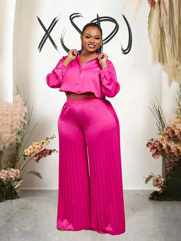 2 Piece Sets Women Outfit Luxury Elegant Autumn Long Sleeve Button Top and Pleated Pants Set Casual Ladies Clothes Plus Size