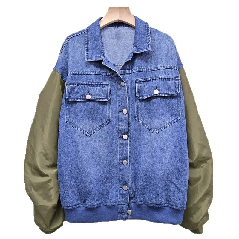 Autumn Winter New Fashion Denim Patchwork Contrast Color Pleated Scimitar Sleeve Jacket For Women Loose Coat 11A07724