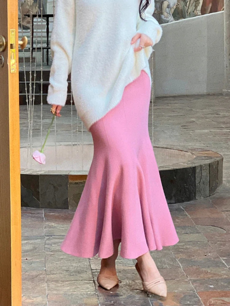 Women's Skirts Autumn Winter Fashion Knitted Long Skirts for Women Green Vintage Slim Korean Style A-LINE Fishtail Skirt