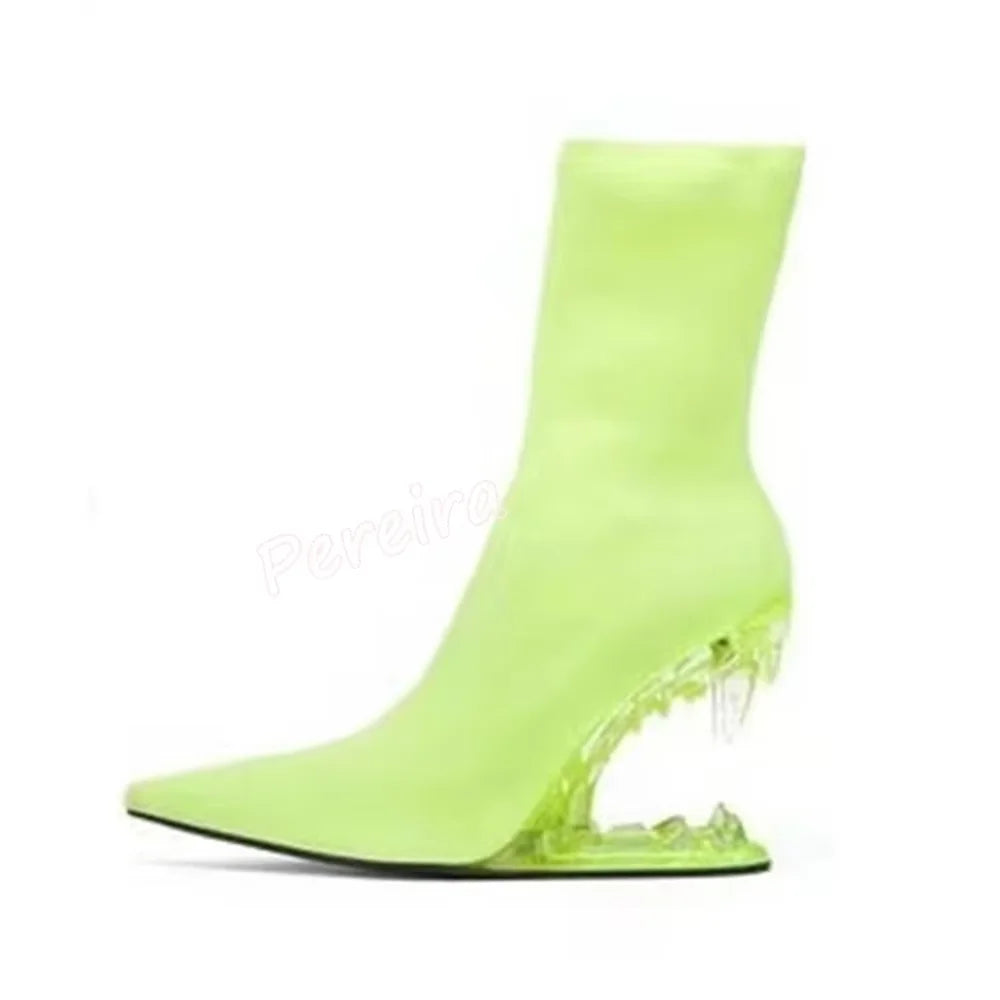 Black Tooth Shaped Heels Elastic Short Boots Pointed Toe Patent Leather Botas 2025 Solid Fashion Elegant Party Office Lady Shoes green