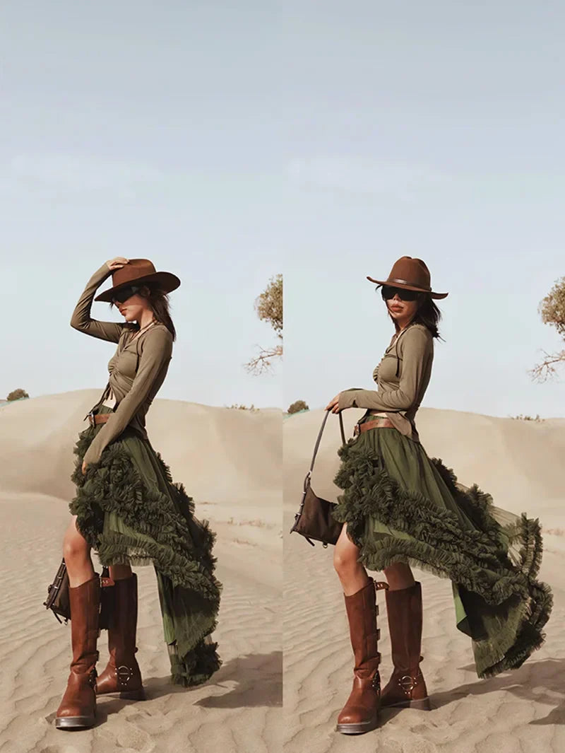 3 Colors Women's Irregular Hem Ball Gown Long Skirt Tulle Ruffles Multilayers Skirt Ladies Fairy Gauze Maxi Skirts Female Outfit