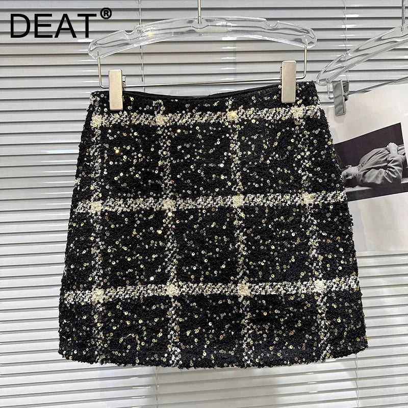 Winter New Fashion Sequin Woven Tweed Plaid A-line Skirt For Women Wrapped Hip A-line Short Skirts Female 11A07960
