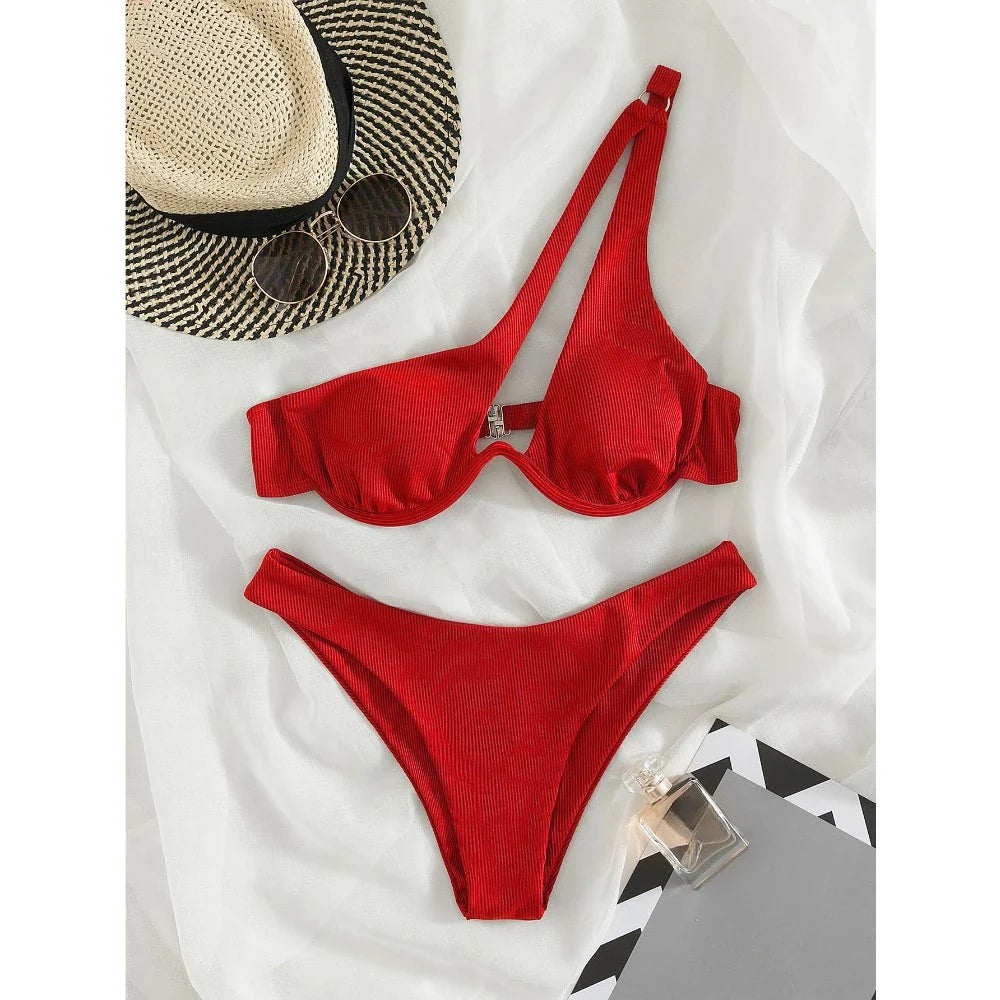 Sexy Push Up Bikini Set Women Cut Out Swimsuit Summer One Shoulder Swimwear Female Bathing Suit Beachwear Lady High Waist Bikini red