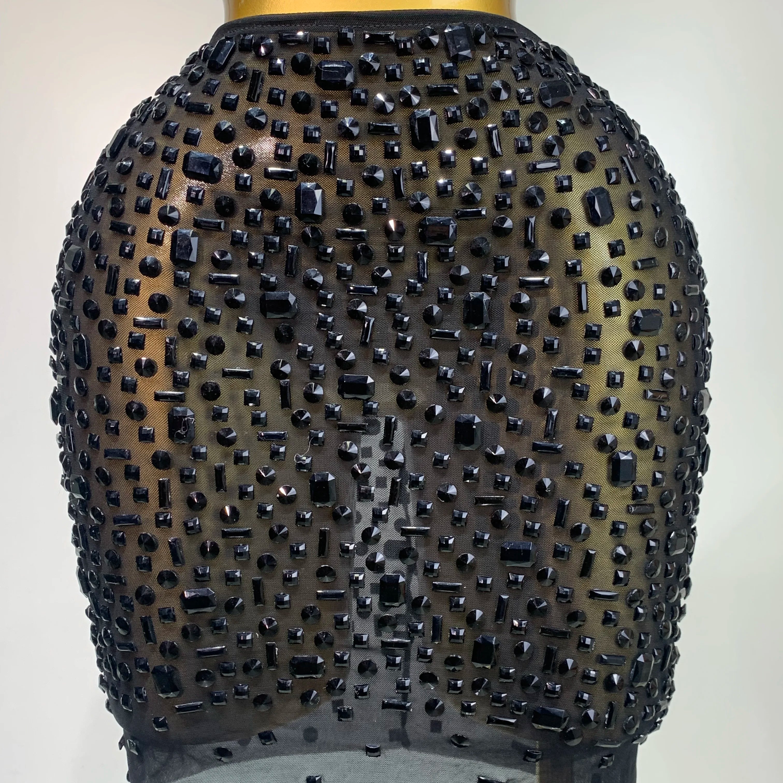 Luxury Rhinestone Mesh See Through Celebrate Birthday Dress Sparkly Top Short Skirt Two Pieces Sets Performance Stage Costume