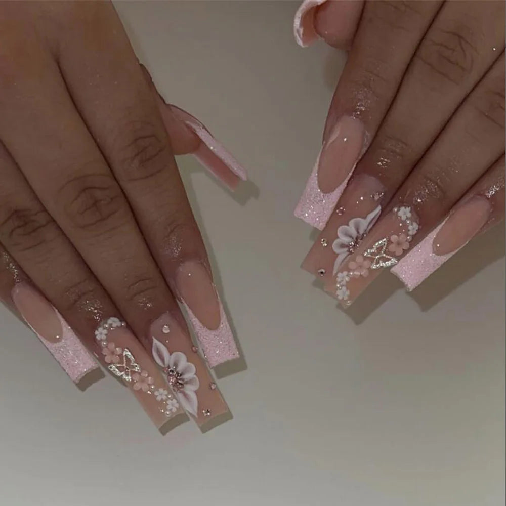 24Pcs Long Ballet False Nails with Butterfly Rhinestone Design Coffin French Fake Nails Purple Press on Nails Wearable Nail Art 168