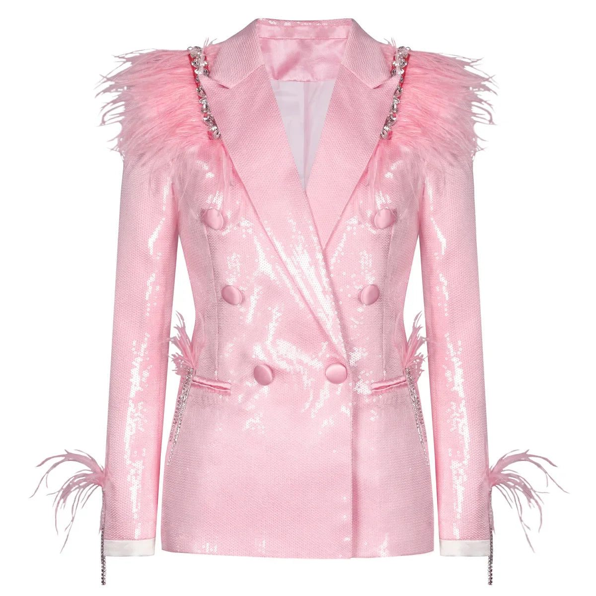 Solid Loose Spliced Feather Blazer for Women Lapel Long Sleeves Patchwork Sequins Fashion Coat Female Clothing New PINK