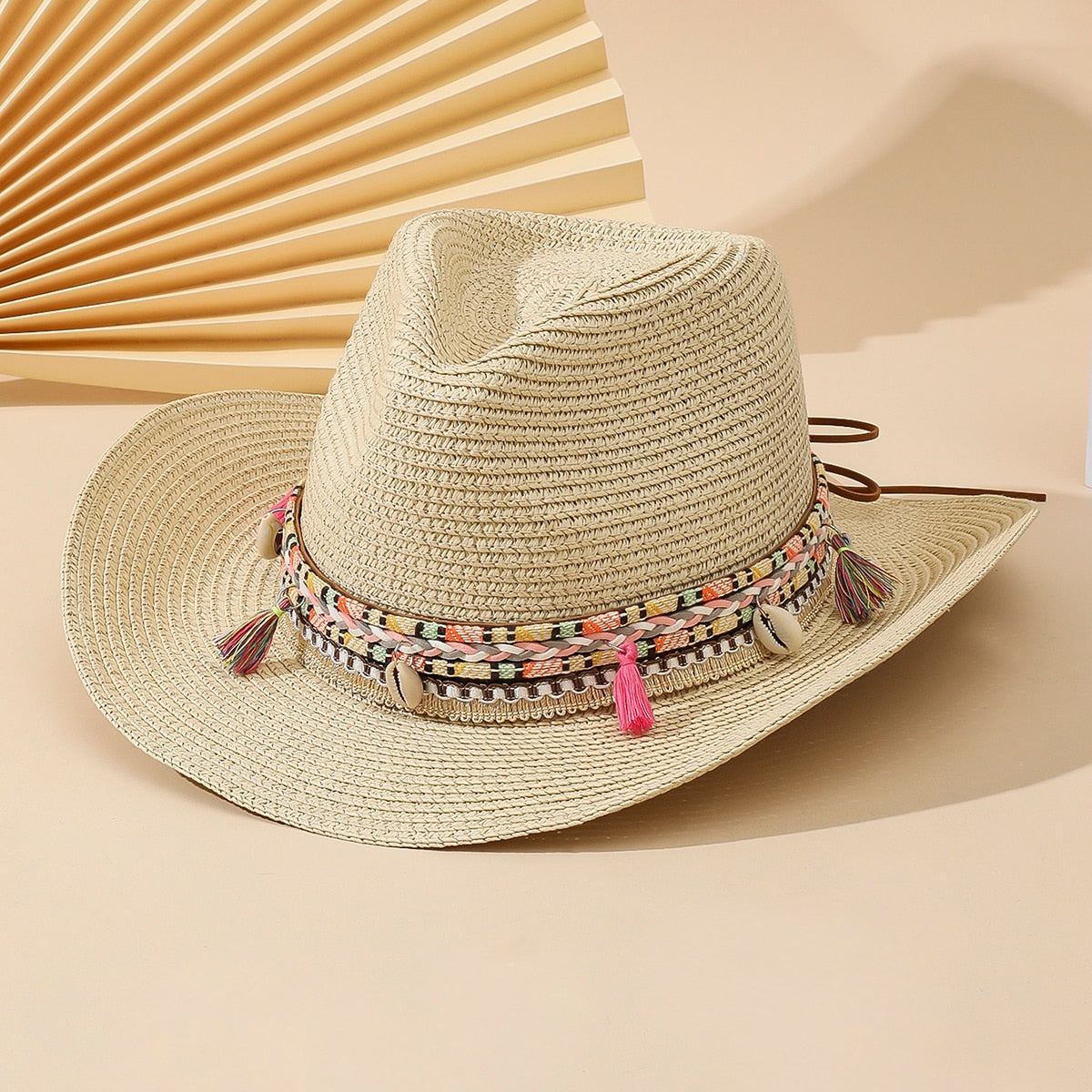 Wholesale Women Pink Tassel Cowboy Hat Floppy Beach Hats Summer Straw Hats Ladies UV Protection Hat Panama Sun Hat beige