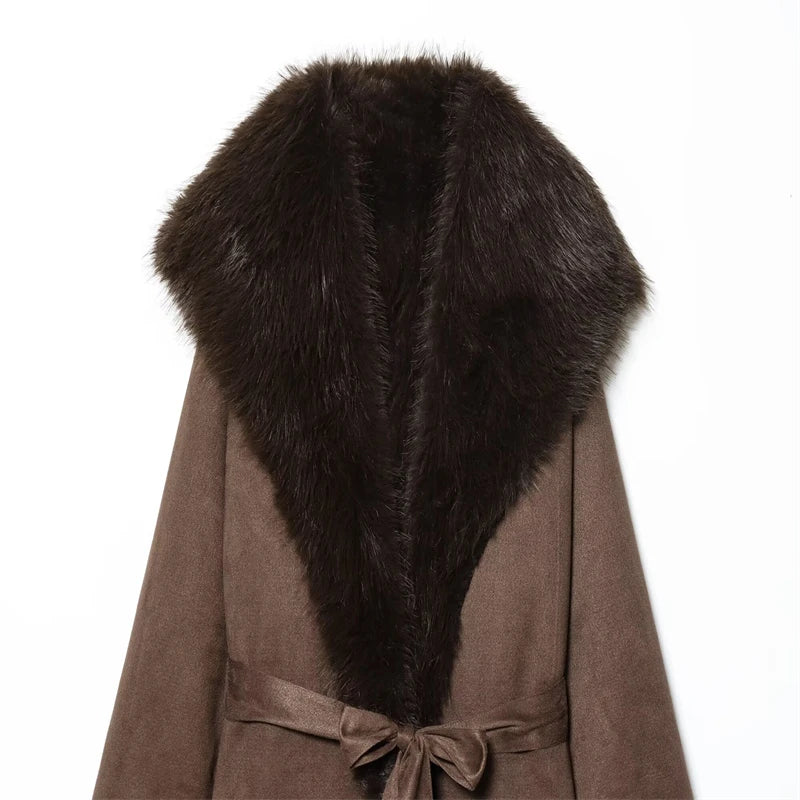 Chic Brown Long Coat for Women - Faux Fur Collar & Cuffs Belted Trench Coat for Cold Weather