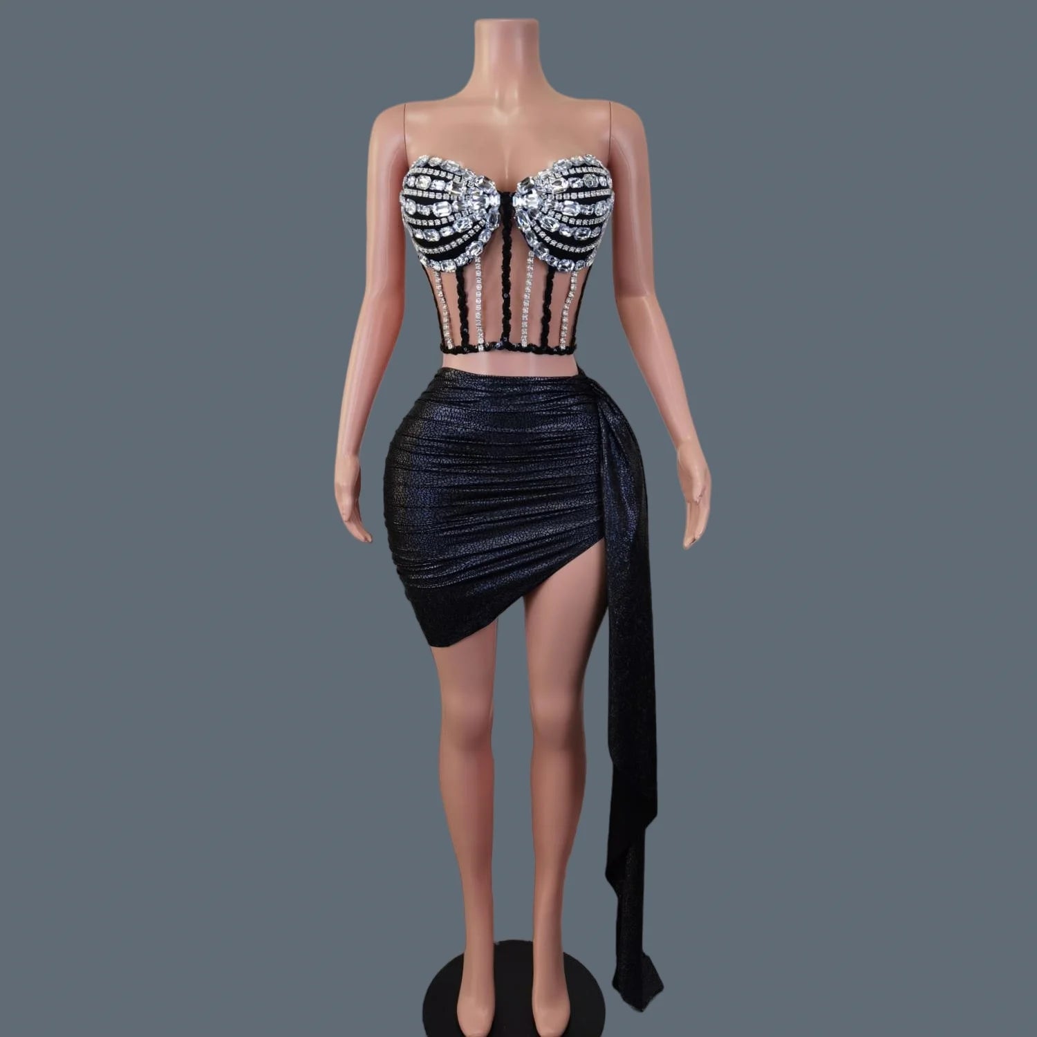 Women 2Pieces Set Strapless Bandage Short Dress Club Stage Show Sparkly Crystals Dress Celebrate Birthday Party Mini Dress Yanpi black One Size