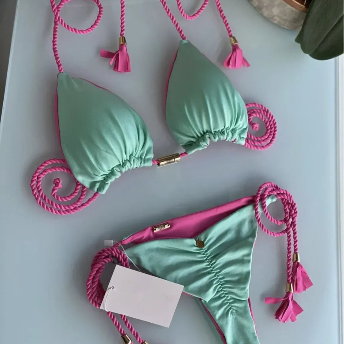 New Women Bikini Backless Rope Triangle Swimsuit Multicolor 8254