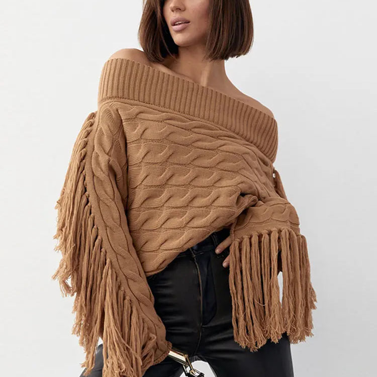 Thicken White Tassel Off Shoulder Sweater Women Elegant Slash Neck Long Sleeve Short Wool Pullover Winter Lady Knit Jumpers Brown A