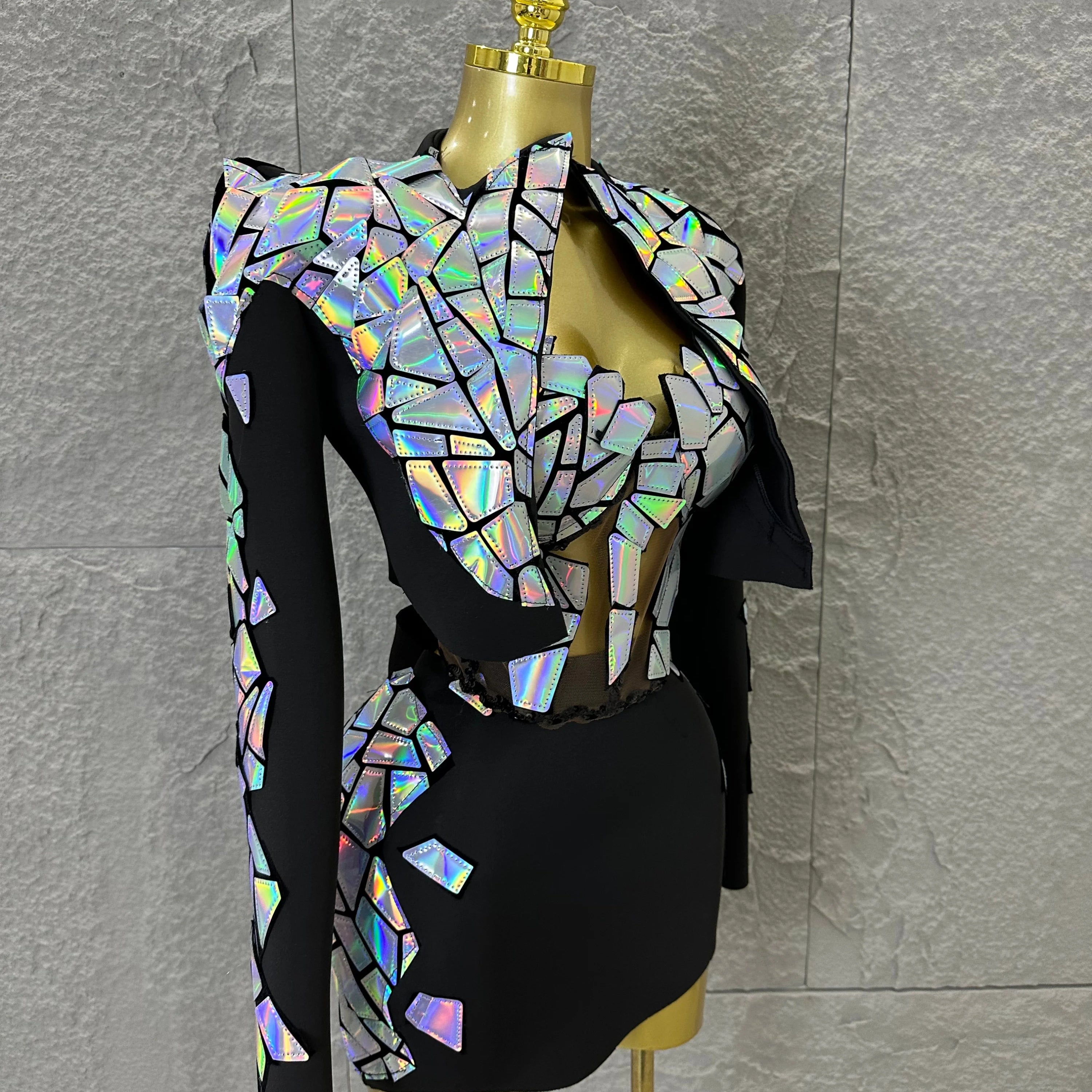 Edgy Black Luxury 3 Piece Set Women Mirror Reflective Patch Cropped Blazer Bralet Skirt Event Showmanship Performance Gown