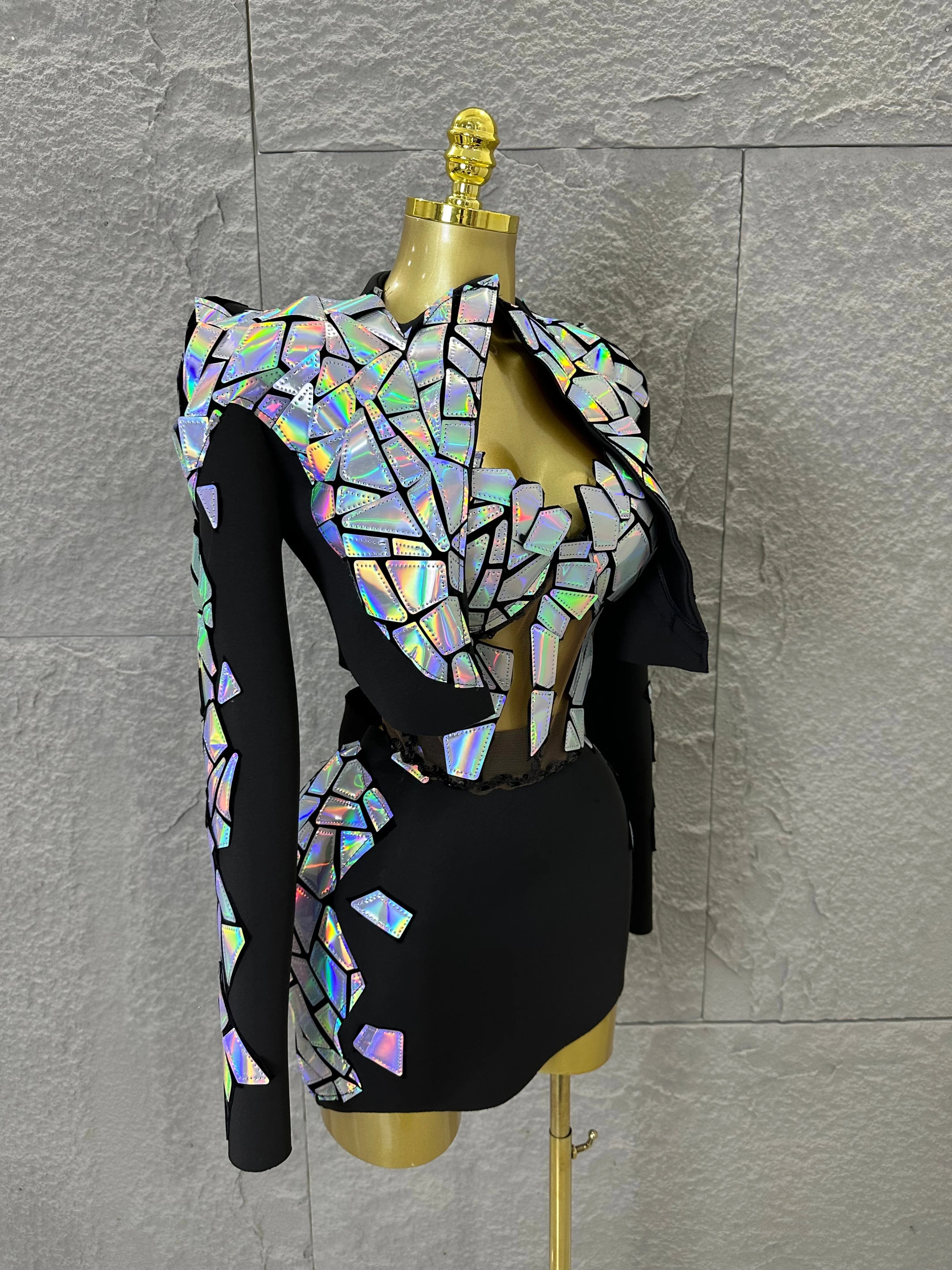 Edgy Black Luxury 3 Piece Set Women Mirror Reflective Patch Cropped Blazer Bralet Skirt Event Showmanship Performance Gown