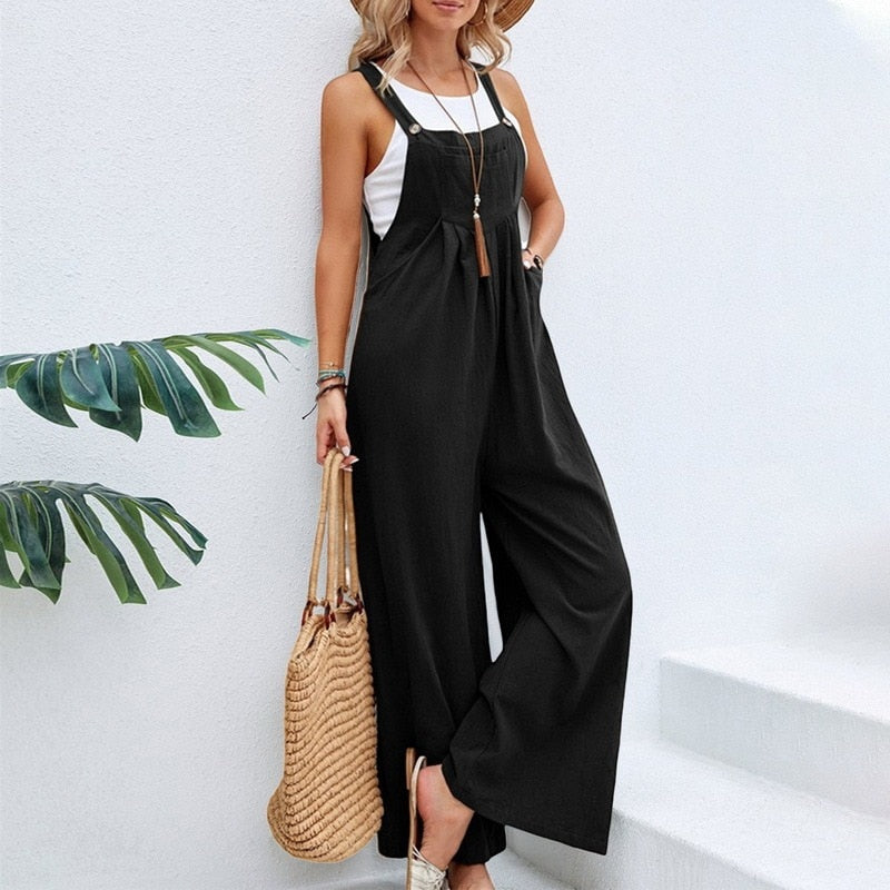 Vintage Cotton Linen Jumpsuit Women 2024 Casual Solid Button Wide Leg Suspender Pants with Pockets Summer Loose Overalls Rompers Black
