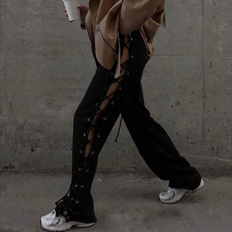 Side Slit Hollow Wide Leg Pants Spring/Summer Women's New Solid Color Wide Leg Pants Street Versatile Slim Fit Pants