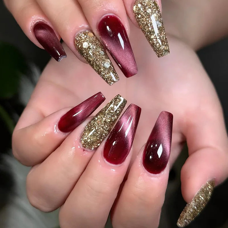 24pcs/30pcs/set fake nails for women cat eyes french nail tips purple red green brown color faux ongles press on false nail art 1883