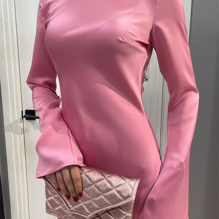 Satin Fashion Slim Maxi Dress For Women Long Sleeve High Waist Elegant Solid Party Dress Casual Luxury Ladies Autumn Dress