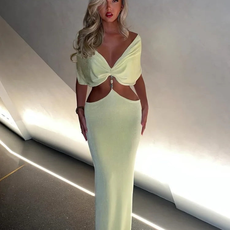 Elegant V Neck Pleating Yellow Maxi Dress For Women Fashion Cut Out Slim Fit High Waist Robes New Summer Holiday Beach Dresses