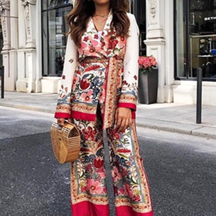 Printed Notched Blazer Women Suits With Belt Elastic High Waist Wide Leg Female Pants Two Piece Set Long Sleeve Top Outfits