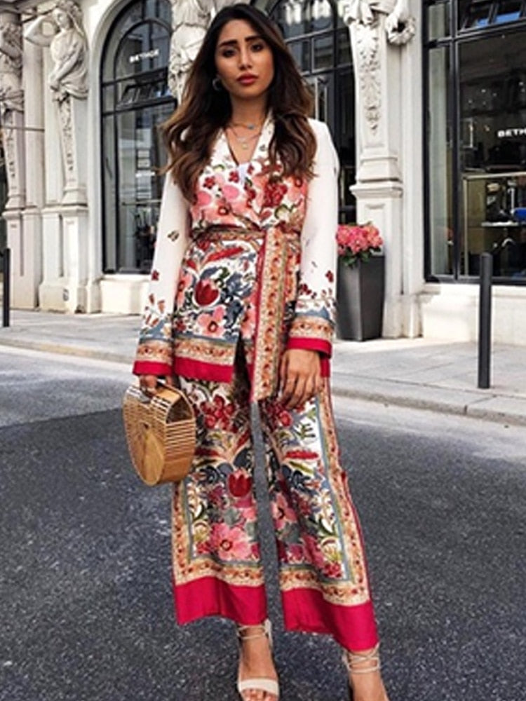 Printed Notched Blazer Women Suits With Belt Elastic High Waist Wide Leg Female Pants Two Piece Set Long Sleeve Top Outfits